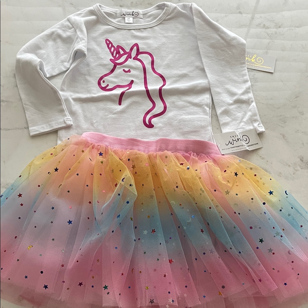 Unicorn Print Kids Casual Dress - White and Rainbow